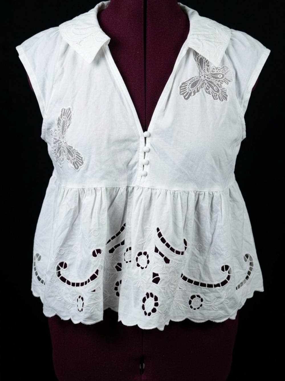 Anthropologie White Eyelet Peplum Cotton Blouse - Women Tops